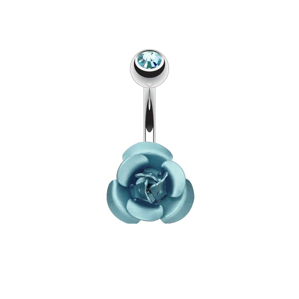 PiercedOff 316L Surgical Steel Externally Threaded Blue Metal Rose Belly Bar with Blue CZ Gem Ball - Thickness 14GA (1.6mm) / Length 10mm / Gem 5mm / Flower 11mm