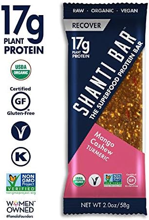 SHANTI BALANCE | RECOVER Mango Cashew Turmeric | 17G Plant Based Protein | Organic Gluten Free Superfood | Immunity Boosting | Performance Nutrition | 4 Count, 2 oz Bars