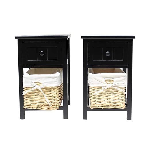 Pair Of Wooden Bedside Tables Shabby Chic Drawers Wicker Basket