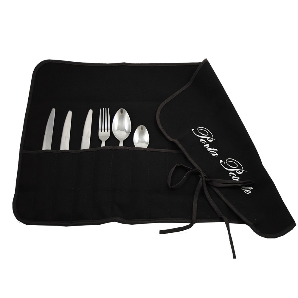 Magie di Casa Cutlery Holder in Cloth cm.35x62 Embroidered - for 12 Cutlery - Packed to 1 - Made in Italy (Black)