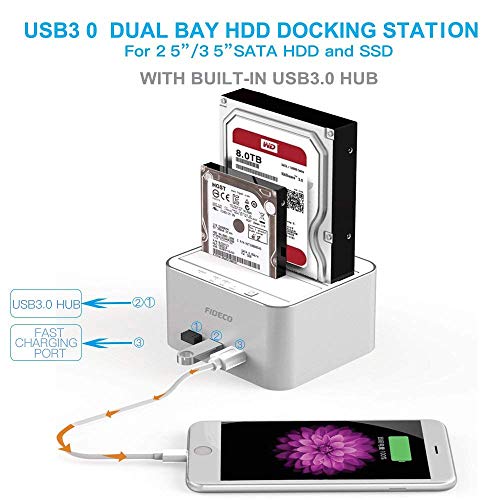 FIDECO Hard Drive Docking Station, USB 3.0 to SATA HDD Docking Station Dual-Bay External Hard Drive Dock with Offline Clone Function for 2.5"/3.5" SATA HDD SSD Drives, Support 2X 10TB, Silver