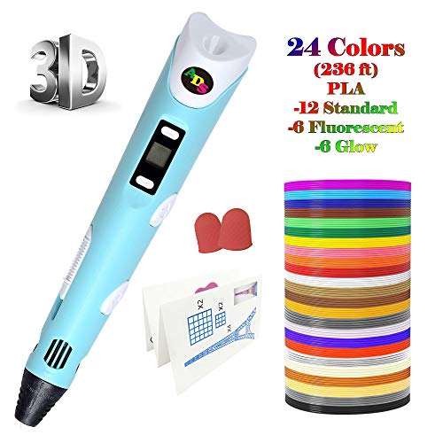 3D Printing Pen, Low Temperature with LED Display for Kids and Adults, Doodler Model Making, Art Crafts Tool, Compatible with PLA and ABS + Bonus 24 Color 236 Feet Filament Refills (Blue)