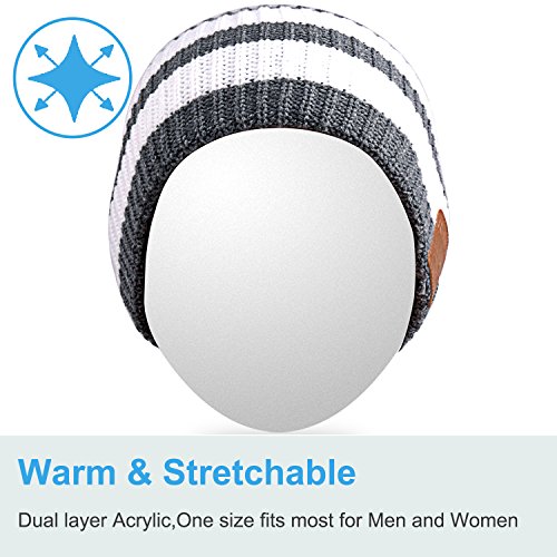 Rotibox Washable Winter Mens Womens Hat Strip Bluetooth Beanie Running Cap w/ Wireless Headphones Mic Hands Free Rechargeable Battery for Cell Phones, iPhone, iPad, Android, Laptops, Tablets - White