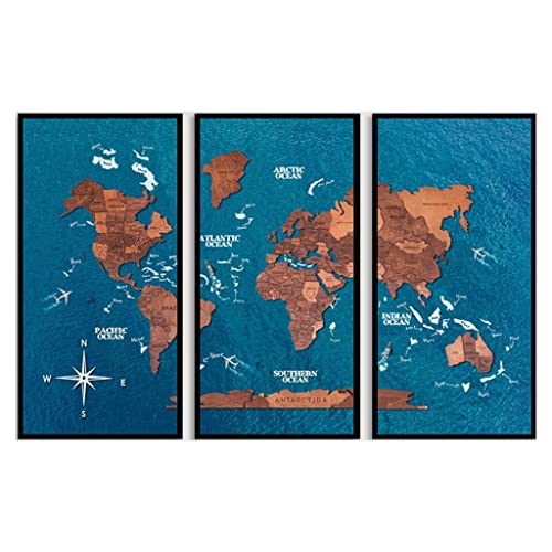 ENJOY THE WOOD Framed World Map Wall Art Wood Travel Decor 3D World Map