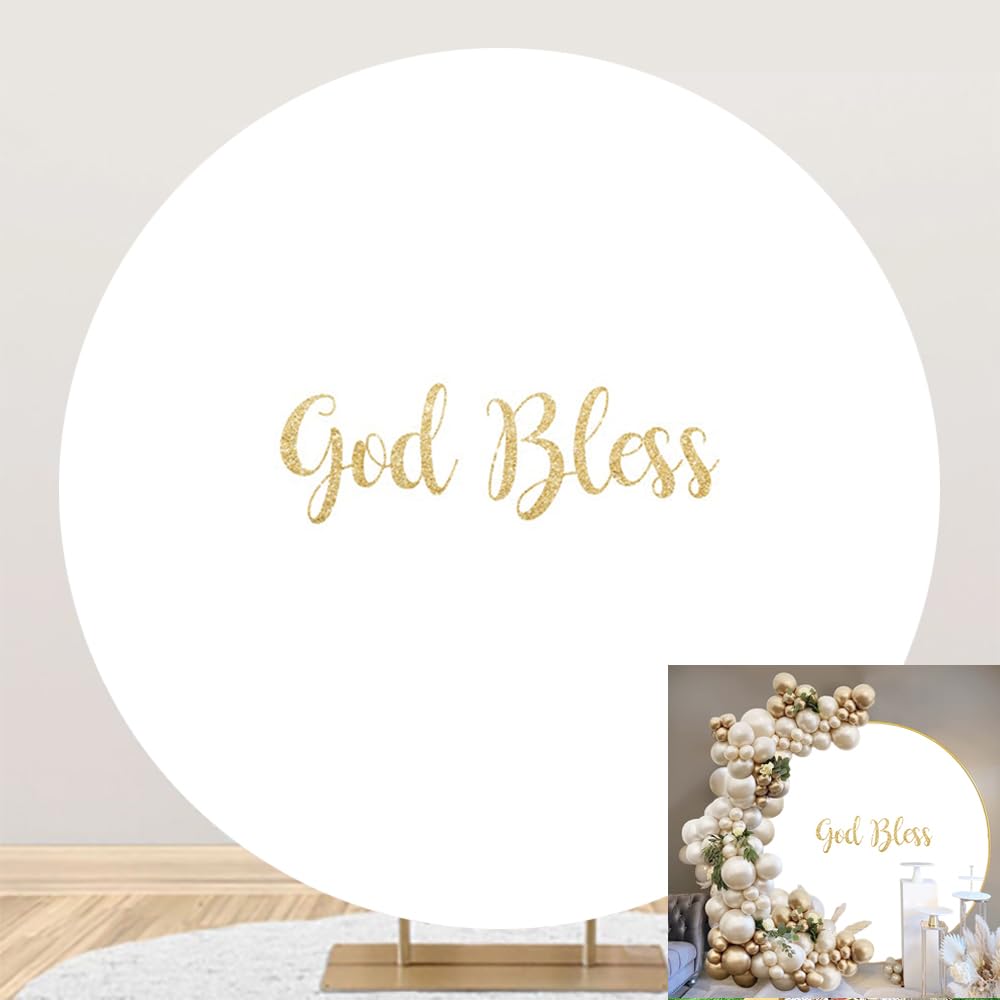SDOTPMT Diameter 6ft God Bless Round Backdrop Cover First Holy Communion Baptism Christening Gold Glitter Solid White Color Photography Background for Baby Shower Party Decor Dessert Table Banner