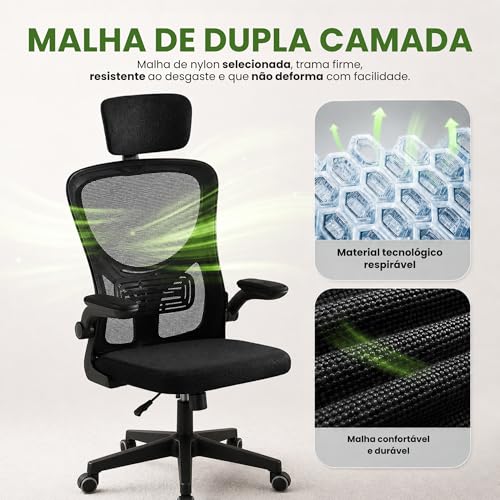 Cadeira de Escritório Ergonômica Preta com Suporte Lombar Independente, Encosto em Malha Respirável, Apoio de Cabeça Ajustável, Altura Regulável, Giratória 360°, Conforto para Home Office e Trabalho
