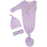 Newborn Baby Knotted Gown, Super Soft Silky Infant Long Sleeve Sleeper with Tie Bottom, Baby Girl and Boy Sleep Gown with Mittens, Bow, and Hat Set Light Purple[Light Purple,0-3 Months]
