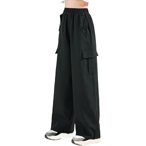 Ikevan Girls Parachute Cargo Sweatpants Teens Baggy Wide Leg Joggers Kids School Pants Boys Elastic High Waisted