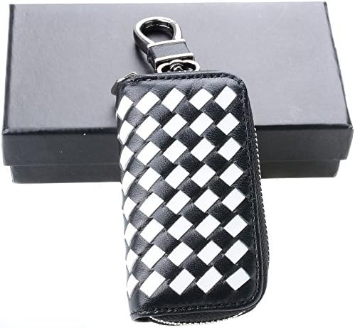 Semoss Universal Fit Key Cases for Car Keys Genuine Leather Keychain Holder Wallet Bag Cover Pouch Organiser Case for Men and Women White Black 9.5 X 5.4cm,Remote Key Cover Case Holder