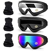 4-FQ Motorcycle Goggles 3-Pack with Neck Gaiter, ATV Dirt Bike Goggles Motocross Riding Eyewear Bike UTV MTB MX Offroad Windproof Ski Glasses UV400 Anti-Fog Scratch Dustproof for Adult Youth Kids