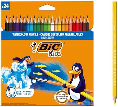 Matite Colorate Acquerellabili, Aquacouleur, Colori Assortiti, Confezione da 24 Matite, Colori per Bambini a Casa e a Scuola