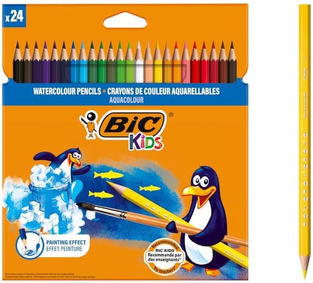 Matite Colorate Acquerellabili, Aquacouleur, Colori Assortiti, Confezione da 24 Matite, Colori per Bambini a Casa e a Scuola