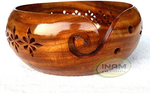 INAM HANDICRAFTS Sheesham Wood Crafted Wooden Yarn Storage Bowl With Carved Holes &amp; Drills, Knitting Crochet Accessories, 7 x 7 x 4 inches