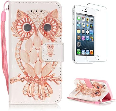 Apple iPhone SE/5S/5 Wallet Case [with Free Screen Protector],CasesHome Stylish 3D Pattern Magnetic Wrist Strap Built-in Soft Rubber Bumper Flip Leather Holster - Owl and Diamond
