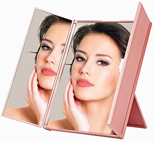 ASSIS Travel Mirror Tri-Fold Makeup Mirror Purse Mirror Pocket Mirror Compact for Cosmetic Makeup (rose gold)
