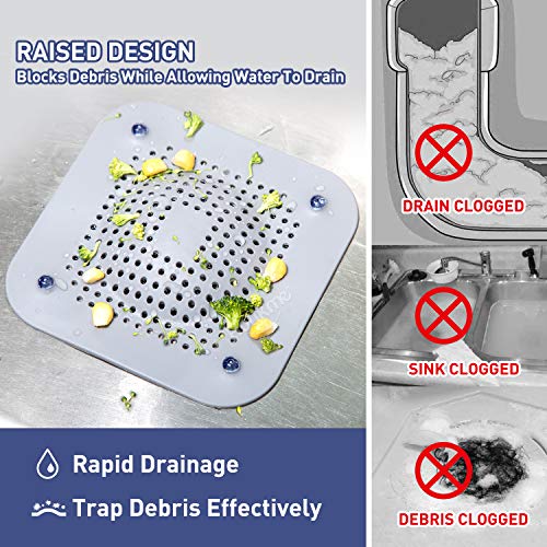 Holikme Drain Hair Catcher Shower Drain Cover, 2 Pack Silicone Drain Protector with 12 Detachable Suckers, Shower Drain Hair Trap for Tub,Bathroom,Kitchen,Bathtub,Basin, Grey/Grey