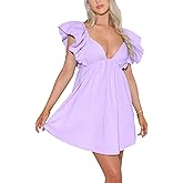 Zebaexf Womens Spring Summer V Neck Knot Back Causal Strap Short Flowy Swing Mini Dress