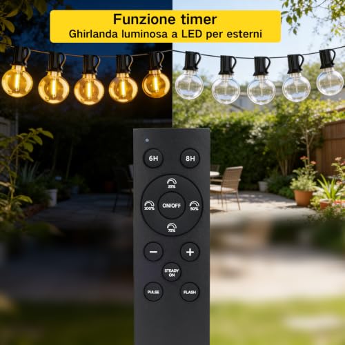 Outdoor Light Chain 30 m, Waterproof Outdoor Garden Lights, LED Light Bulbs Outdoor Garden Dimmable with Remote Control, Outdoor String Lights for Decorative Festivals, Weddings, Terraces