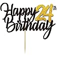 Happy 24th Birthday Cake Toppers Glitter 24th Anniversary Cake Topper 24 Years Loved Bday Decorations 24 Gold Birthday Cake Decorations Twenty-four Party Supplies for Women Men(Black Gold)