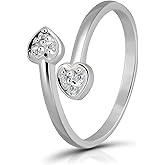 Hoops & Loops 925 Sterling Silver Double Heart Cubic Zirconia Open Toe Ring for Women Men