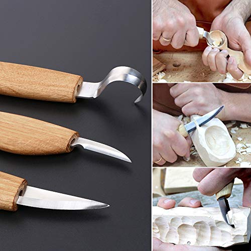 Wood Carving Tool Set - Sloyd Whittling Knife | Chip Detail Knife | Hook Knife for Spoon Carving, with Leather Strop Polishing Compound, High-Strength Steel Woodworking Carving Kit (6 Pcs)
