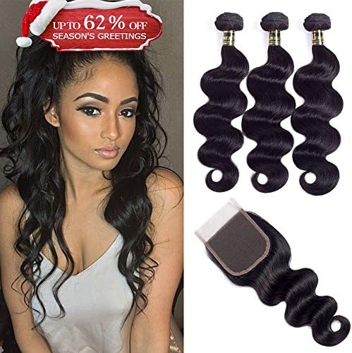 Uneed Hair 10A Brazilian Virgin Hair Body Wave with 4*4 Lace Closure Brazilian Hair Weave 3 Bundles with Free Part Closure Unprocessed Human Hair Extensions Natural Color (12" 14" 16"+10" Free part)