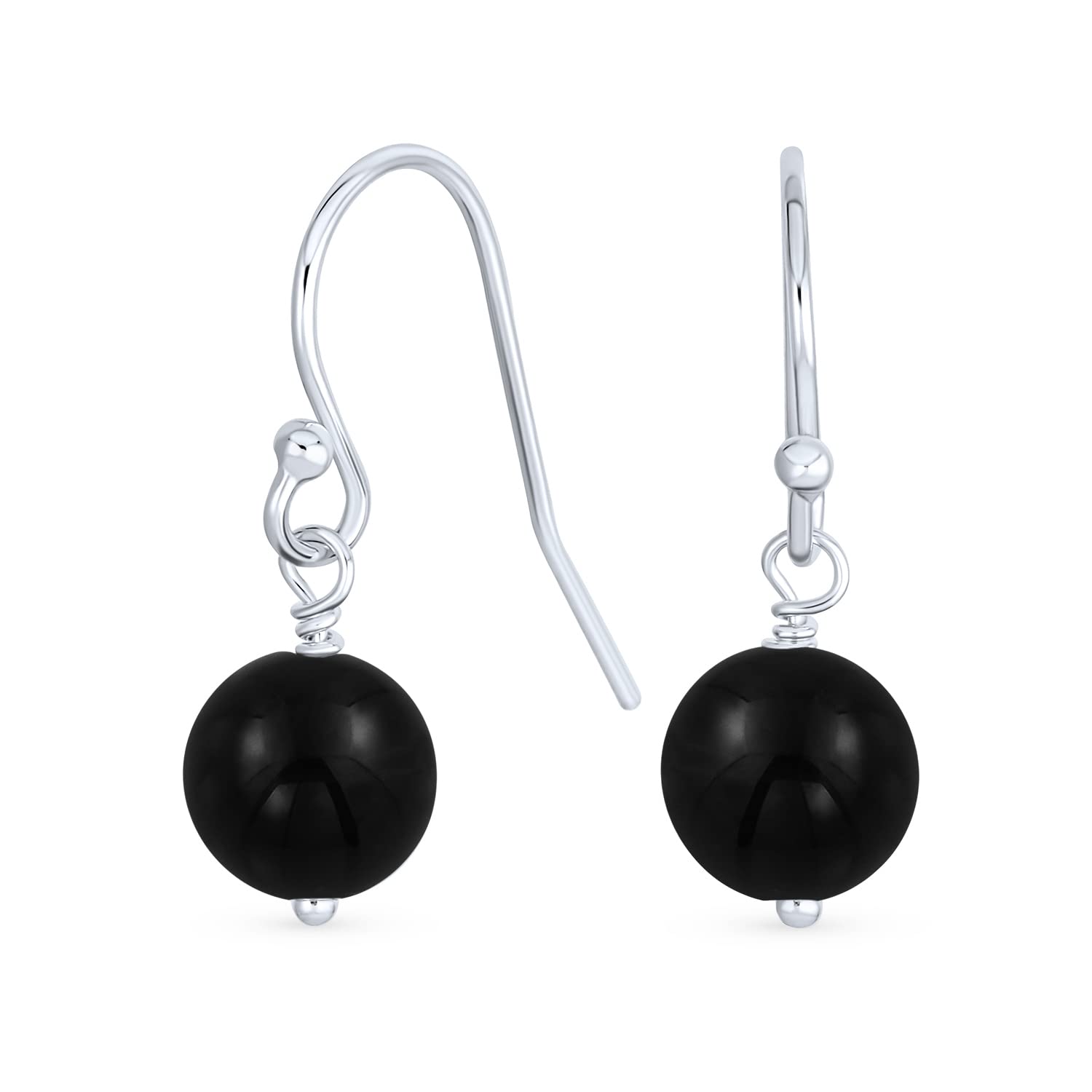 Simple Plain Basic Round Onyx Bead Ball Dangle French Fish Hook Wire Earrings For Women Teen Black.925 Sterling Silver