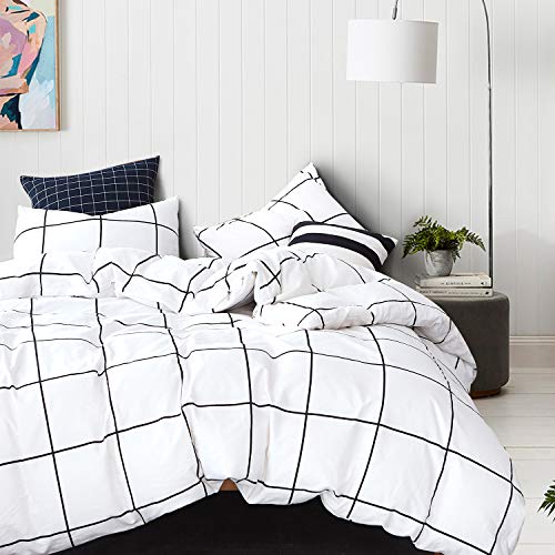 CLOTHKNOW White Plaid Comforter Set Queen White Bedding Comforter Sets