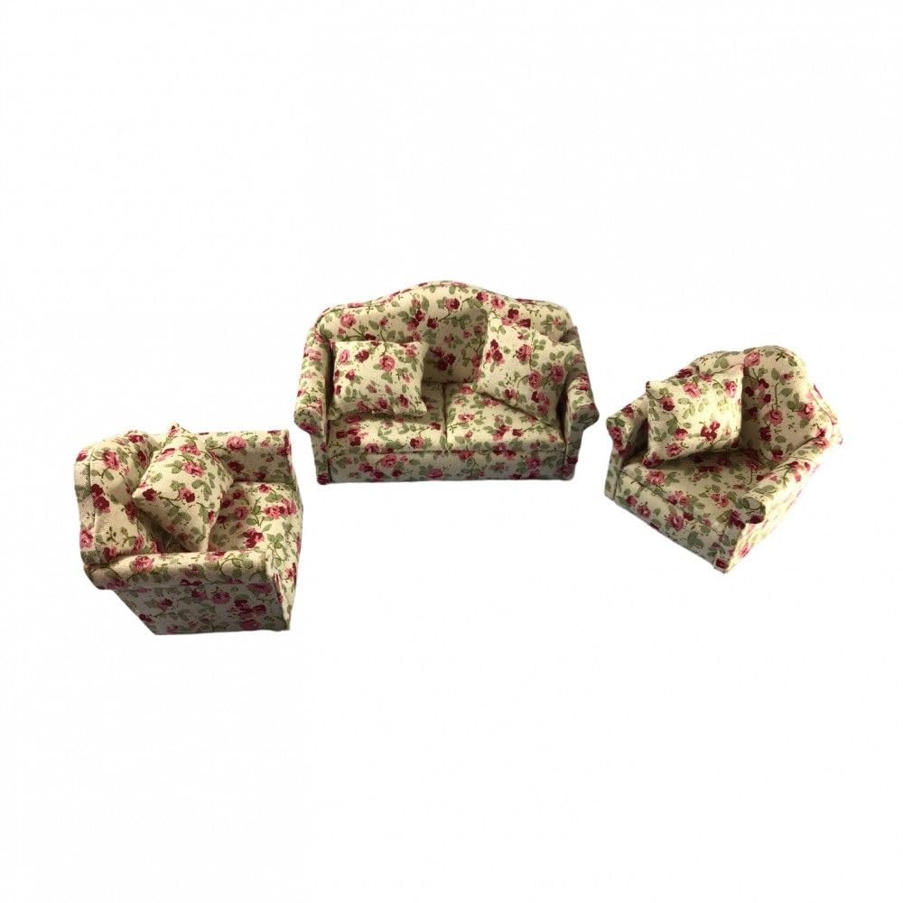 Dolls House Floral Sofa and Chairs, 1:12 Scale, Cream, Set of 3 | Minimum World