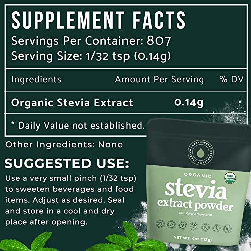 Organic 100 Pure Stevia Powder, 4 oz, Satisfies Sweet Cravings, Lowers