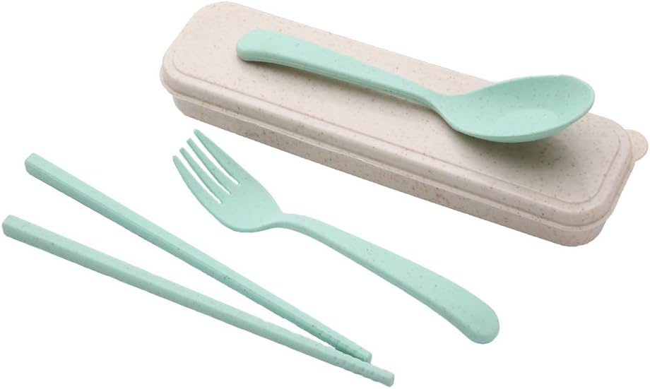3PCS Portable Cutlery Blue/Yellow/Pink/Green Europe Style Healthy Eco-Friendly Wheat Straw Spoon Chopstick Fork Travel, Picnic, Camping Tableware Set (Green)
