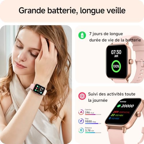 Montre Connectée Femme avec Appel Bluetooth,1,85" Smartwatch avec Whatsapp,Moniteur de Fréquence Cardiaque Sommeil,Montre de Sport 120+ Modes Podomètre Fitness Tracker,Montres pour Samsung/Android/iOS