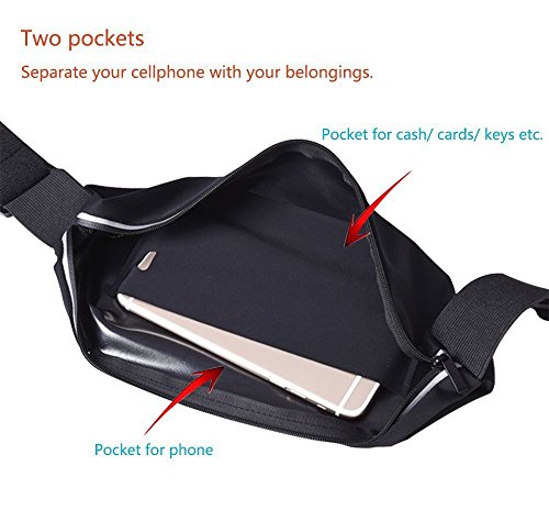 Waist Packs iBarbe Running Waist Pack Waterproof Fanny Pack Running Belt Two Security Pockets Exercise Band Fitness Pouch Universal Sports Waistband for Passport/card/wallet/cash/Phone(Black 1 Pack)