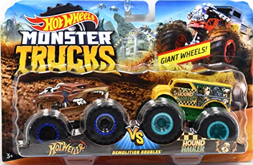Hot Wheels 1:64 Demo Doubles Monster Trucks Hotweiler vs. Hound Hauler Giant Wheels
