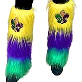 Mardi Gras Fuzzy Leg Warmers Colorful Faux Fur Boot Covers with Fleur de Lis in Purple Green and Gold Festival Wear