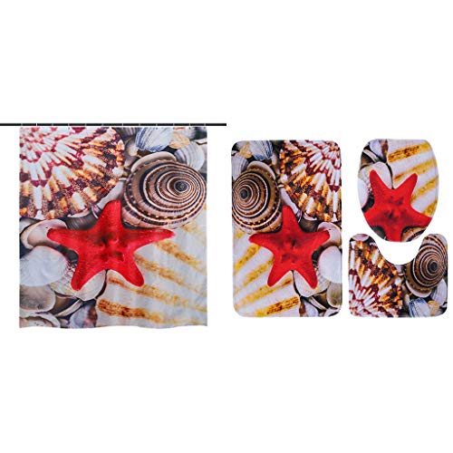 Alimao 4PCS Sea Style Non Slip Toilet Polyester Cover Mat Set Bathroom Shower Curtain