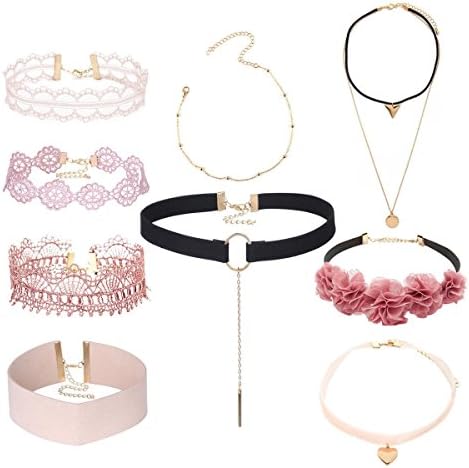 Elegant Rose 9 Piece Pink Choker Flower Lace Collar Necklace Tattoo Velvet Collar Choker Gothic Lolita Chain Necklace Set