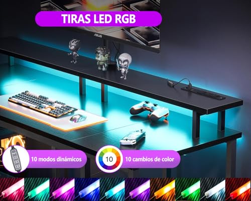 FL FASHION LEADER Escritorio Gamer, Escritorio para Computadora,Escritorio de Oficina en Casa, Escritorio para Viene con Regleta, Regleta de luz y Soporte para Monitor, 140cm Negro