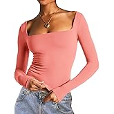 Dwnval Long Sleeve Shirts for Women - Basic Slim Fit Double Lined Square Neck Crop T Shirt