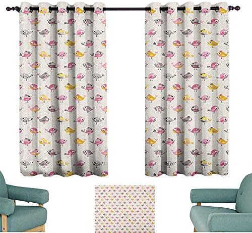 Baby Thermal Curtains Cartoon Style Birds with Fancy Funny Animals with Accessories Top Hat Flowers Suitable for Bedroom Living Room Study, etc.55 Wx45 L Pink Grey Marigold