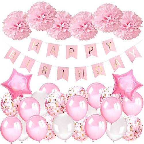 First Birthday Decorations Girls Pink, Happy Birthday Banner Balloons Set with Pink Balloons and Tissue Paper Pompoms for Girl Girlfriend Daughter Women 1st 2nd 3rd 16th 18th 21st 25 30th 50 60th