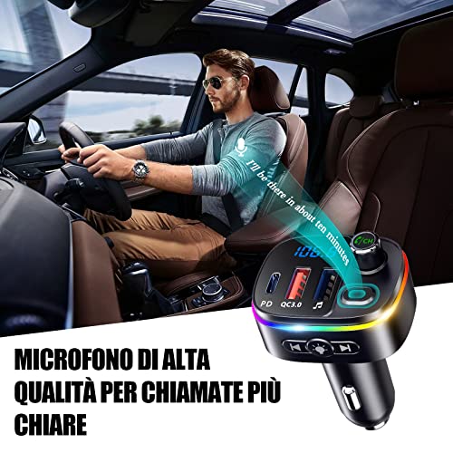 Goigrn Bluetooth per Auto, PD18W e QC3.0 Caricabatterie Auto con Microfono Potente, 9 Controluce a LED RGB, Trasmettitore Bluetooth per Auto Kit Vivavoce, Supporto Assistente Google Siri, Disco U