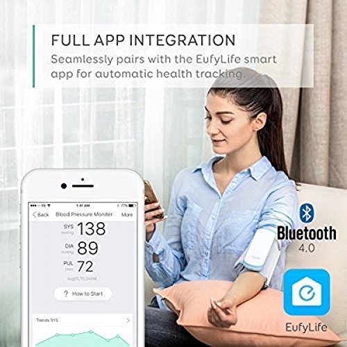 Eufy BodySense Blood Pressure Monitor, Automatic, Upper Arm Cuff (9-17 inches/23-43 cm), Bluetooth, Pulse Meter, Large LED Display, Portable, Rechargeable Battery, Irregular Heartbeat Detection