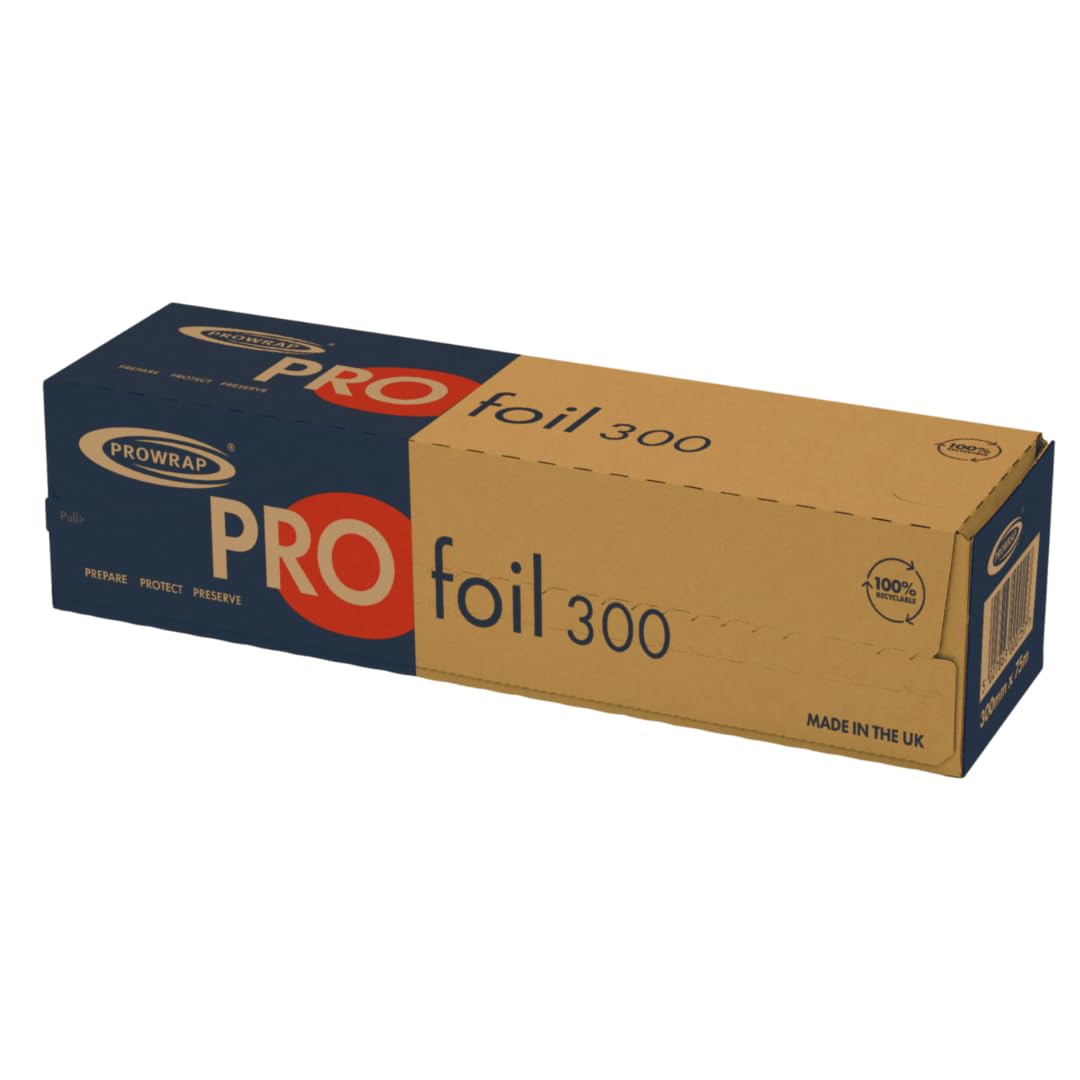 PROWRAP | Pre-Cut Kitchen Individual Foil Sheets | 230mm x 270mm | Pre-Embossed Foil Dispenser | Fully Recyclable Dispensers & Tin Foil for Catering, Takeaway (1 Roll | 300mm x 75m)