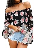 Persun Women Black Floral Off Shoulder Batwing Sleeve Blouse