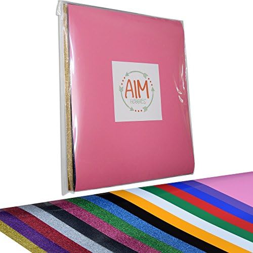 AIM HOBBIES Heat Transfer Vinyl Starter Bundle 12 x 10 - Pack of 16 - 8 Solid Colors and 8 Glitter Colors