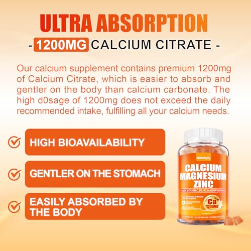Calcium 1200 mg with Vitamin D3 Gummies for Adults - Calcium Citrate with Vitamin D3 K2, Magnesium, Zinc, Boron, Copper and Ashwagandha - Extra Absorption Calcium Supplement for Women Men