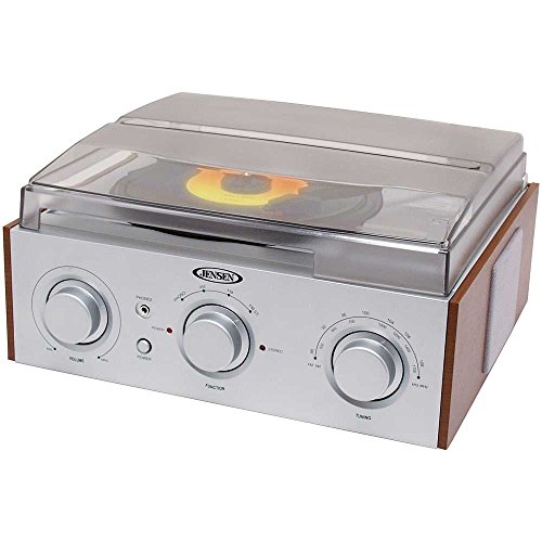 Jensen Premium Belt Driven 3-Speed AM/FM Radio Stereo Turntable with Built in Wooden Cabinet Speakers