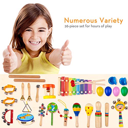 Kids Percussion Musical Instruments Toys - 26 Pcs 17 Types Wooden Instruments with Storage Bag Tambourine Xylophone Egg Maracas for Preschool Education Early Music