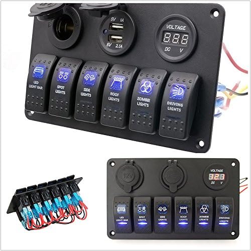 Waterproof 6 Gang Aluminum Blue LED Rocker Switch Panel 12V / 24V Car RV Marine Boat Caravan Rocker Switch Board Circuit Breaker + 2 USB Socket + Cigarette Lighter Socket + Voltmeter